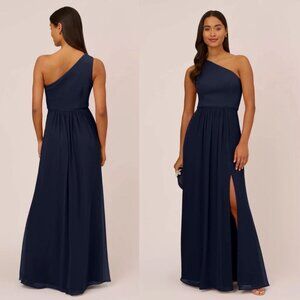 Adrianna Papell Chiffon One Shoulder Maxi Dress Gown Pleated Navy Blue 14